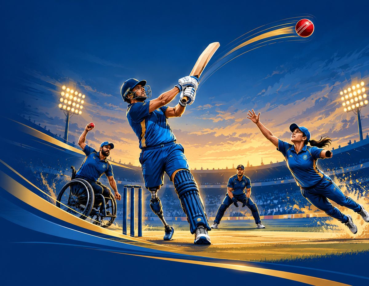 Illustration of divyang cricketers in navy kit under stadium floodlights: a batter with a prosthetic leg hitting a lofted shot, a bowler in a wheelchair, a wicketkeeper and a diving fielder